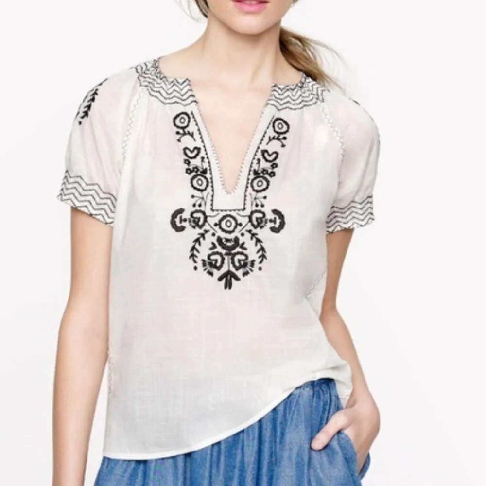 J. Crew Top Airy White Cotton Embroidered Short Puff Sleeve Gauze Boho Blouse 10